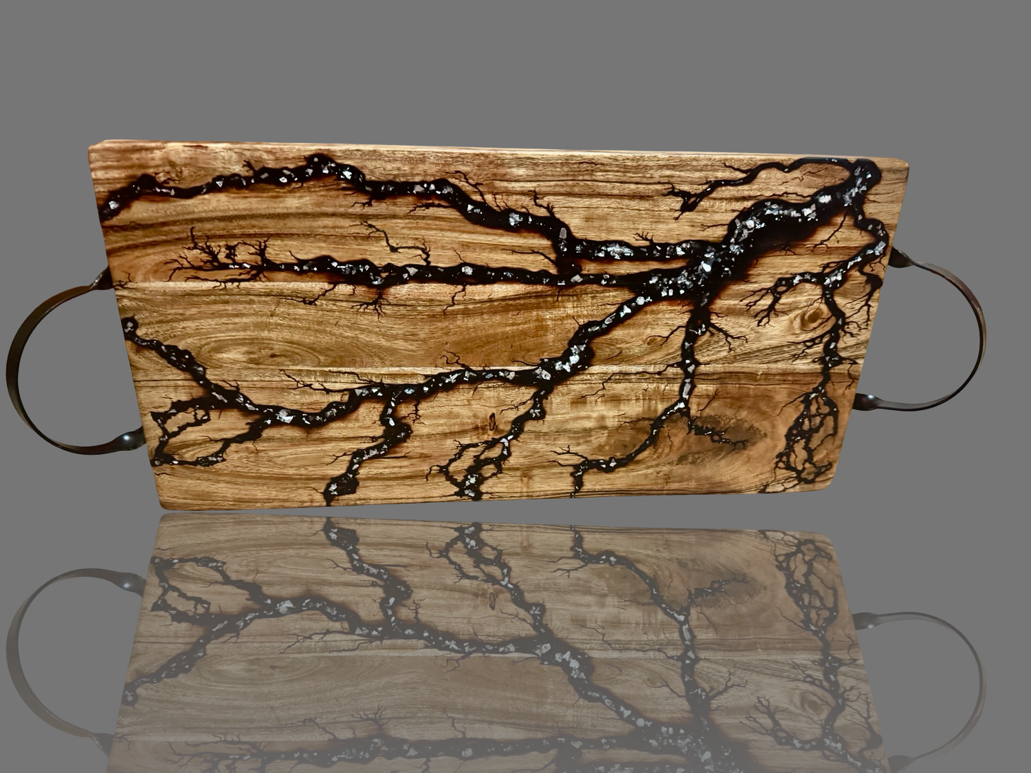 Timber grazing board with black handles – Handmade in Australia | Fractal Flow Designs, Bairnsdale