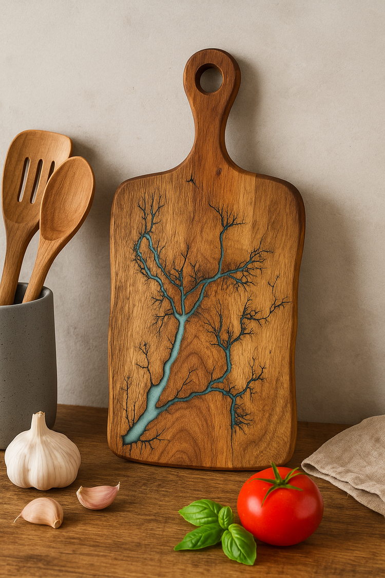 Handcrafted resin cheese board with fractal burning art – Australian timber by Fractal Flow Designs, Bairnsdale VIC