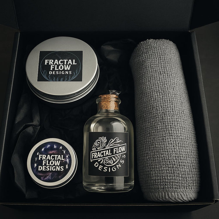 Board care gift kit from Fractal Flow Designs – Includes food-safe wax, oil, and cloth for maintaining resin and timber boards. Ideal add-on for gifting chopping, serving, and grazing boards. Australian-made, Bairnsdale gift shop essential.