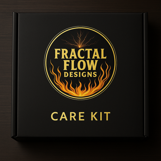 Outside view of Fractal Flow Designs care kit gift box – includes food-safe board wax, conditioning oil, and soft polishing cloth – perfect for maintaining resin and timber boards, Australian-made