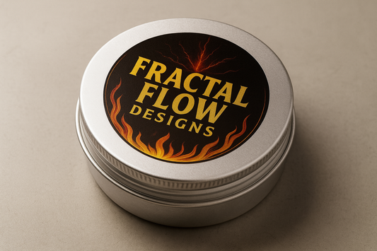 Silver wax tin labeled Fractal Flow Designs board conditioner – premium care product
