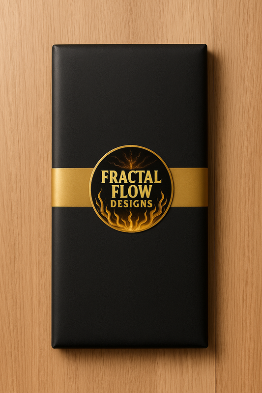 Premium gift wrapping with black paper, gold ribbon and seal sticker – Fractal Flow Designs, Bairnsdale VIC – Resin Boards Australia gift shop presentation