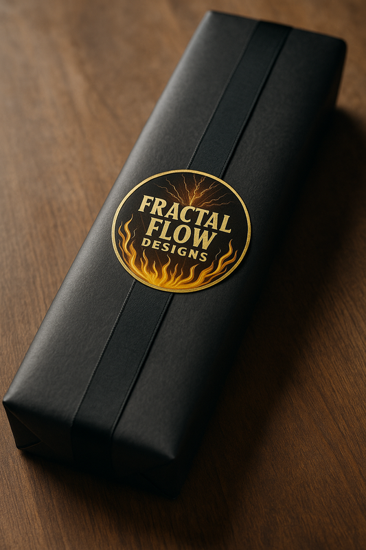 Elegant gift box detail with black ribbon and branded sticker – Resin Board Gift Wrap by Fractal Flow Designs – Australian-made presentation
