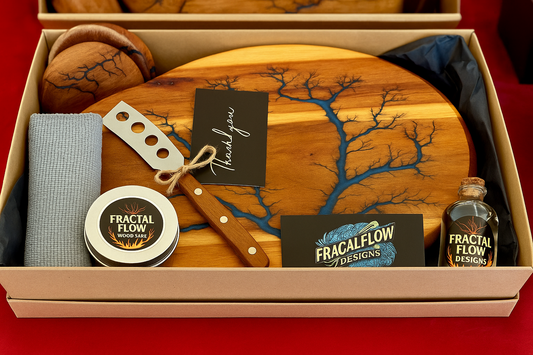 Fractal Flow Designs premium resin board gift box with clear lid, cleaver, care products and thank you card – Australian-made timber grazing platter set
