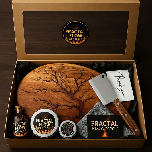Fractal Flow Designs gift set with round fractal-burnt serving board, cleaver, care kit and branded packaging – resin board gift box handmade in Bairnsdale Victoria