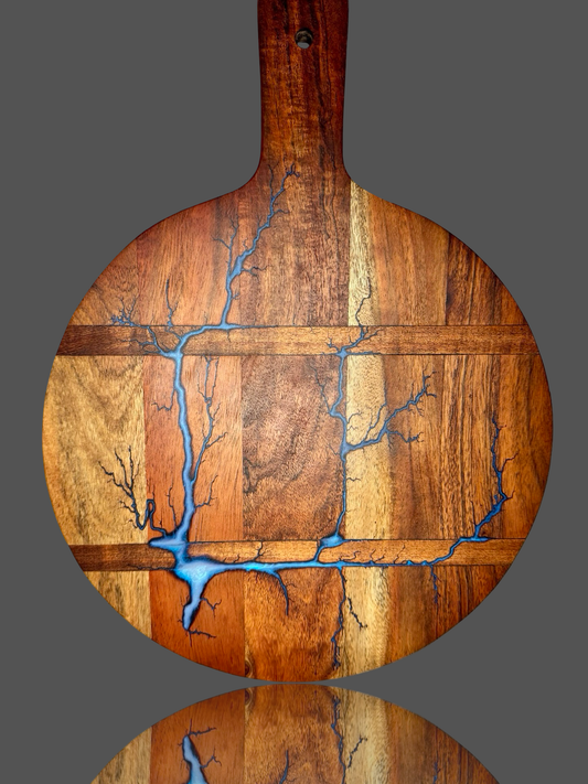 Premium round serving paddle – epoxy resin and timber board made in Australia, perfect for cheese and charcuterie