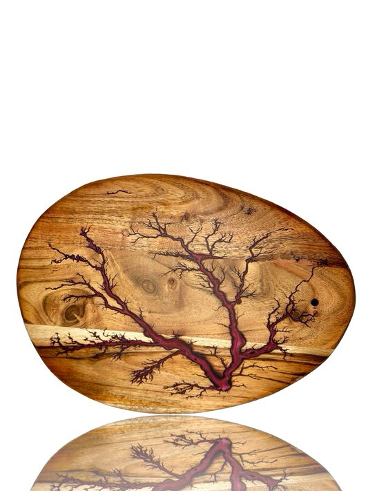 Pebble form resin grazing board handcrafted from acacia wood with fractal burning design by Fractal Flow Designs, made in Bairnsdale, Victoria, Australia