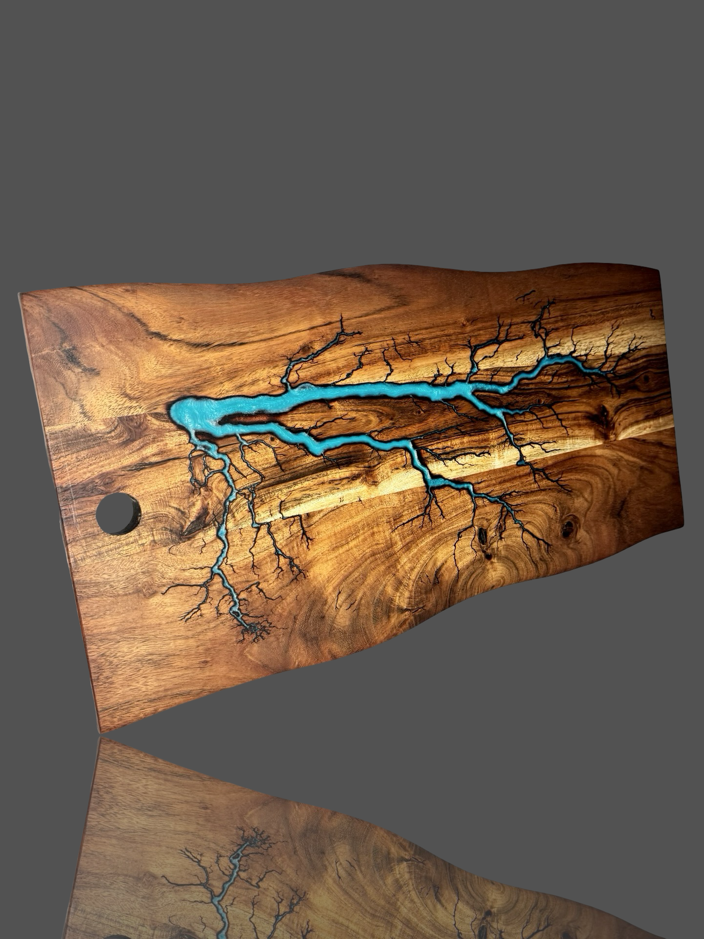 Fractal Flow Designs live edge board – unique gift piece with glowing resin inlay and raw timber edge, perfect for entertaining