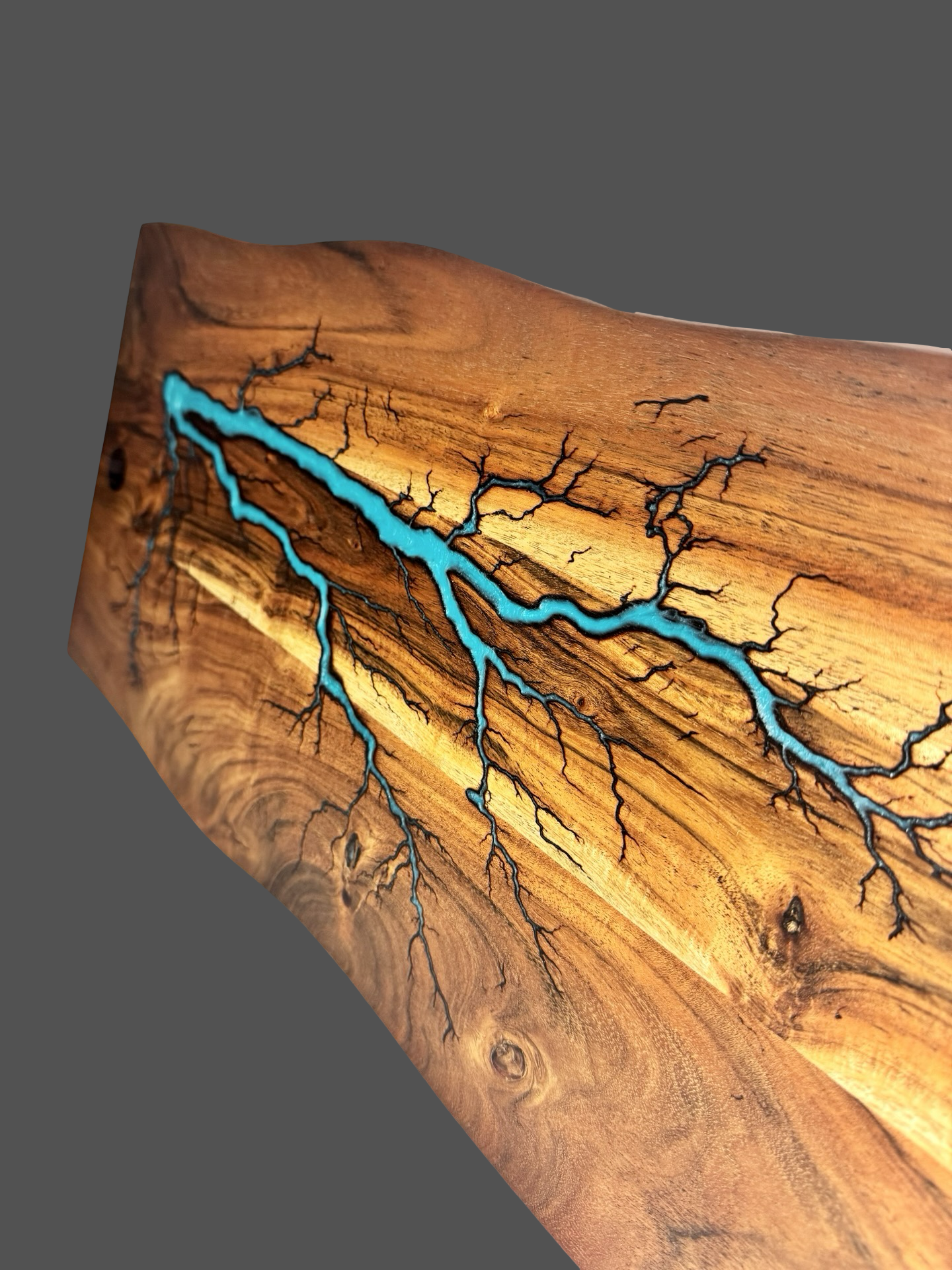 Live edge resin serving board – handcrafted timber with electric fractal burning and epoxy inlay, made in Bairnsdale by Fractal Flow Designs