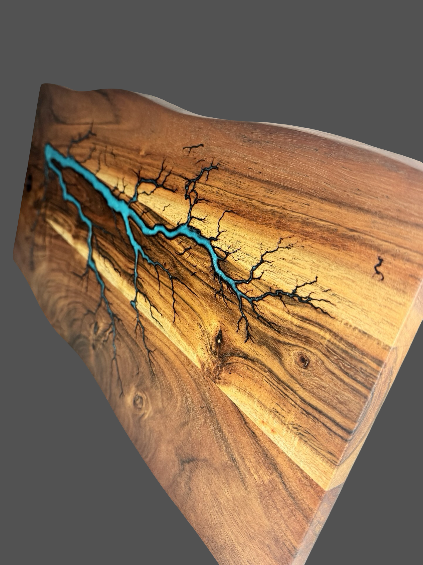 Large live edge grazing board – epoxy resin and wood fusion with bold fractal burn pattern, made in Victoria, Australia