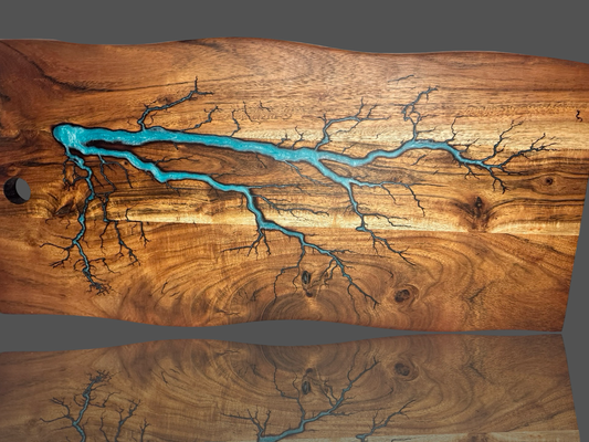 Live edge resin serving board – handcrafted timber with electric fractal burning and epoxy inlay, made in Bairnsdale by Fractal Flow Designs