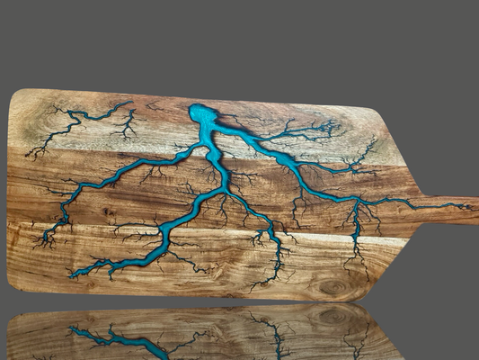 Fractal resin paddle board handmade in Australia – sustainable timber serving board