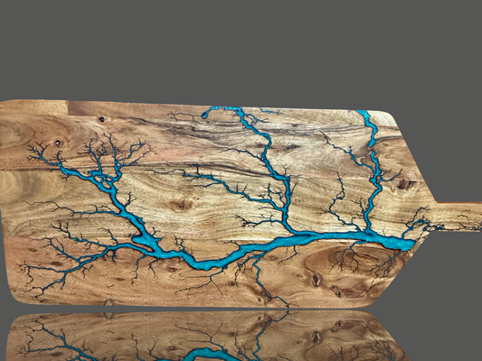 Large resin serving paddle board – handcrafted timber with fractal burning and epoxy inlay by Fractal Flow Designs, Bairnsdale Victoria – premium Australian-made gift board
