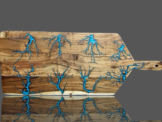 Large resin paddle board – handcrafted timber with epoxy inlay and fractal burn design, made in Victoria by Fractal Flow Designs