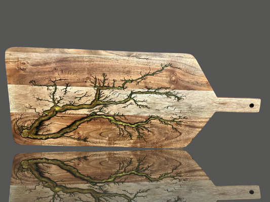 Large resin paddle board – handcrafted timber with epoxy inlay and fractal burn design, made in Victoria by Fractal Flow Designs