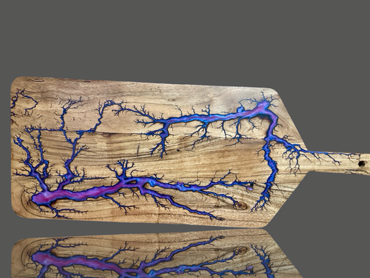 Large resin serving paddle board – handcrafted timber with fractal burning art, made in Bairnsdale, Victoria by Fractal Flow Designs