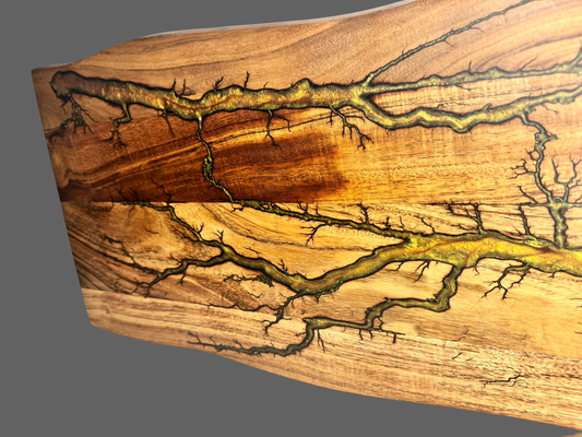 Rustic live edge grazing platter – electric fractal burn and resin inlay on solid timber, made in Bairnsdale, Victoria
