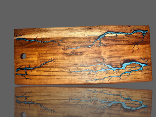 Rustic live edge grazing platter – electric fractal burn and resin inlay on solid timber, made in Bairnsdale, Victoria
