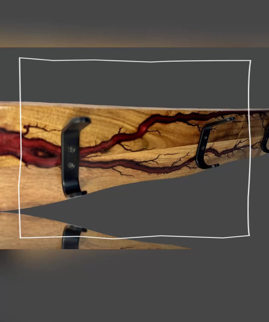 Red timber coat rack with resin inlay – handcrafted by Fractal Flow Designs in Bairnsdale, Victoria. Bold wall decor with Aussie-made design
