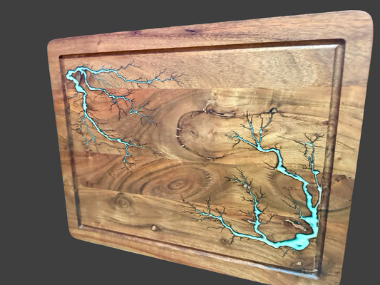 Australian-made resin and electric burnt acacia chopping board – handcrafted timber kitchen board with turquoise epoxy inlay, created by Fractal Flow Designs in Bairnsdale, Victoria, perfect for charcuterie, serving, and gifting, ships Australia-wide.