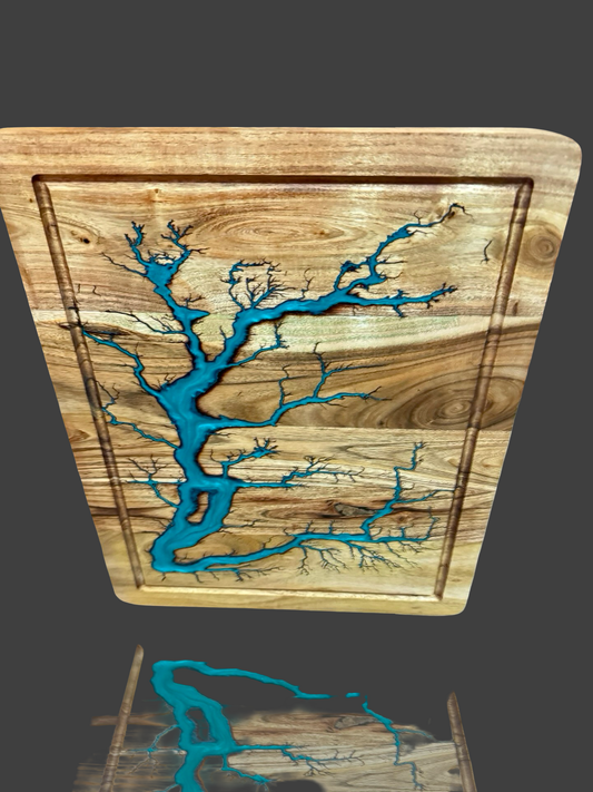 Resin and electric burnt timber chopping board – handmade acacia board for charcuterie, kitchen prep, or grazing, made in Bairnsdale, Victoria