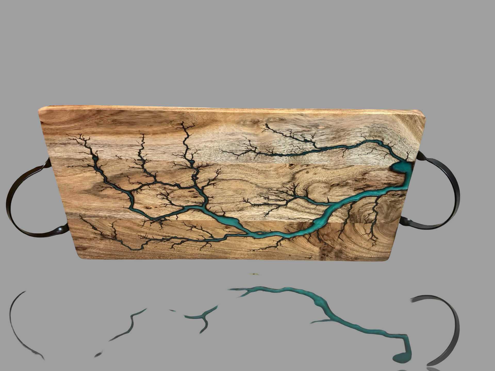 Eco friendly timber & resin platter board featuring Teal resin Artwork. Handcrafted by Fractal Flow Designs.