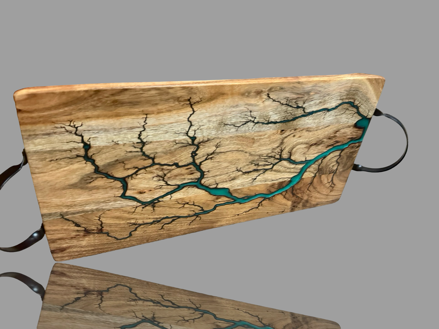 Handled resin serving board – handcrafted timber with epoxy inlay and metal handles by Fractal Flow Designs, Bairnsdale VIC