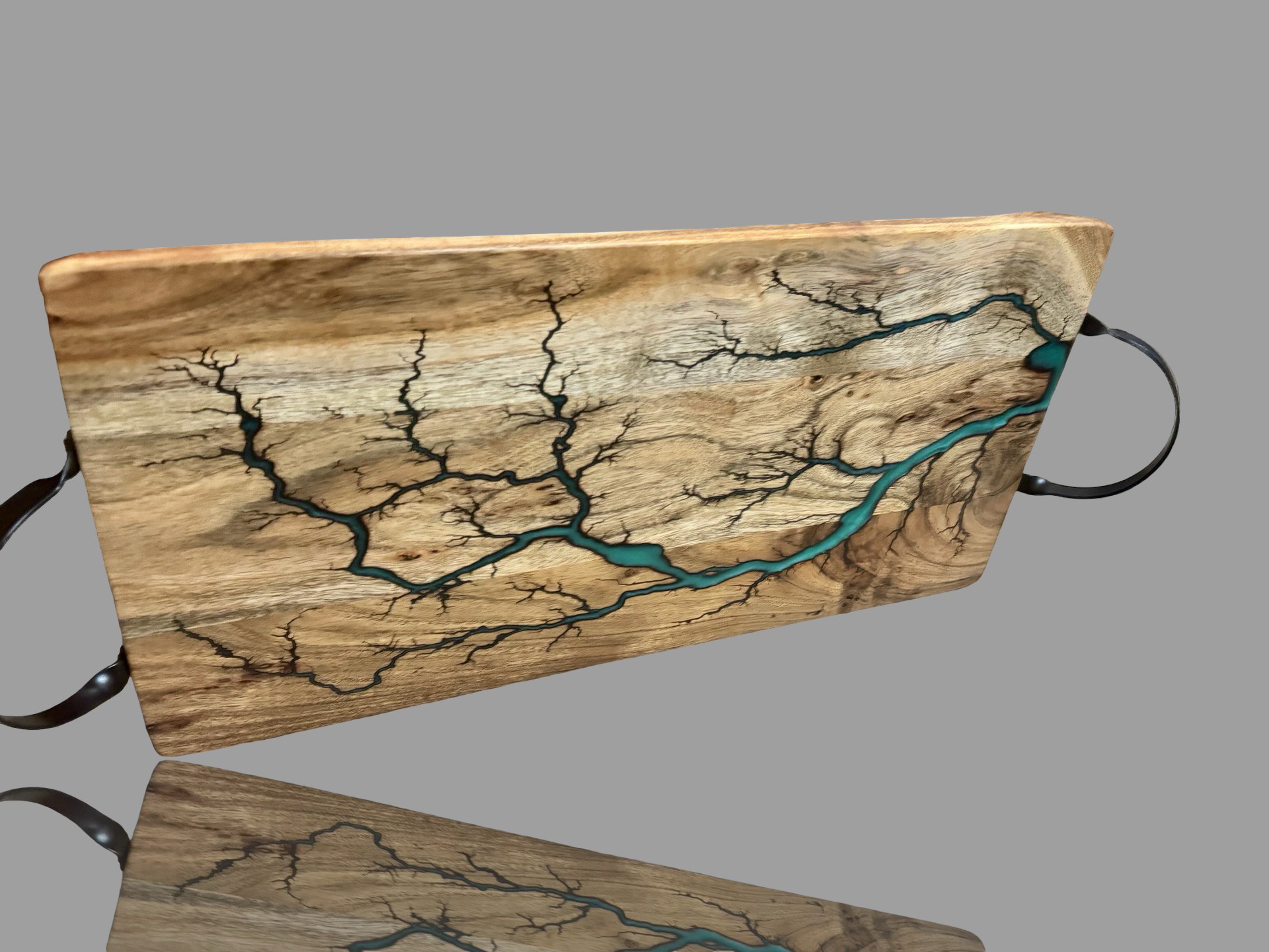 Handled resin serving board – handcrafted timber with epoxy inlay and metal handles by Fractal Flow Designs, Bairnsdale VIC