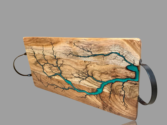 Handled resin serving board – handcrafted timber with epoxy inlay and metal handles by Fractal Flow Designs, Bairnsdale VIC