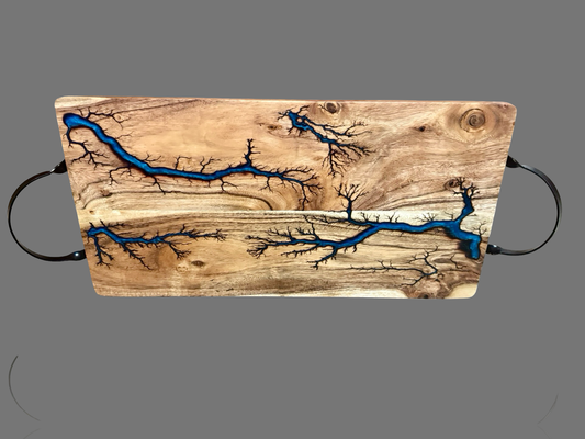 Premium charcuterie board featuring food-safe resin and lightning-burned grain by fractal flow designs , Australian resin boards 