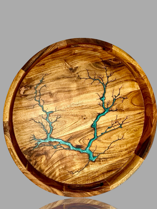 Fractal Flow Designs resin tray – circular timber board with bold fractal art, ideal for gifting and entertaining