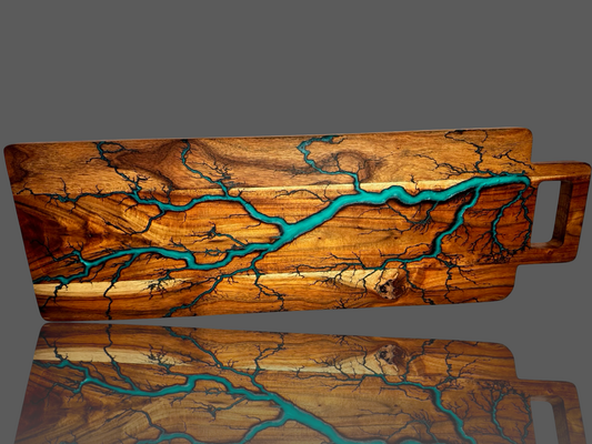 Large live edge grazing board – epoxy resin and wood fusion with bold fractal burn pattern, made in Victoria, Australia