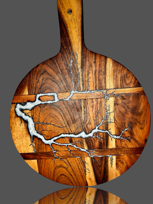 Round resin paddle board – handcrafted timber with fractal burning and epoxy inlay by Fractal Flow Designs, Bairnsdale VIC