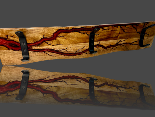 Red resin & timber coat rack with metal hooks– handcrafted by Fractal Flow Designs in Bairnsdale, Victoria. Bold wall decor with fractal burning art. 