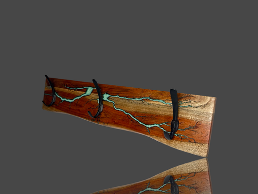 Handcrafted timber coat rack with electric blue fractal burning, wall-mounted and made in Bairnsdale by Fractal Flow Designs. Available in our Bairnsdale gift shop shipping Australia wide , great gift idea 