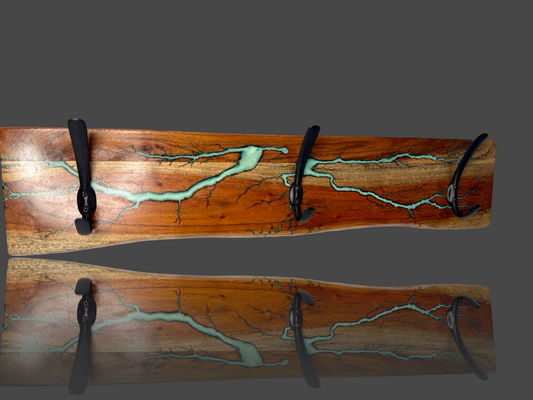 Artisan resin coat rack by Fractal Flow Designs – Australian-made in Bairnsdale, Victoria. Striking timber design for modern interiors, BBQ entertaining areas, and gift shop appeal.