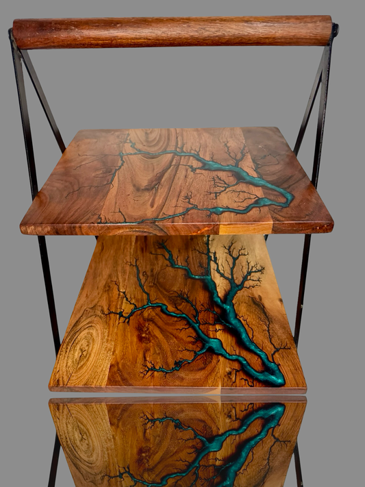Luxury timber cake stand with electric fractal burning and resin detailing, handcrafted by Fractal Flow Designs in Bairnsdale, Victoria – perfect for upscale dessert styling and gifting