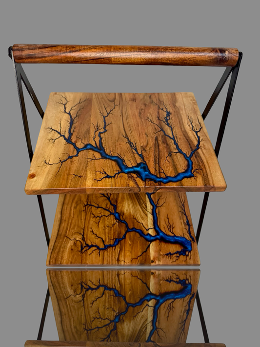 Boutique-grade wooden cake stand with electric fractal art and resin accents, Australian-crafted by Fractal Flow Designs – for luxury kitchens, formal entertaining, or premium gift hampers