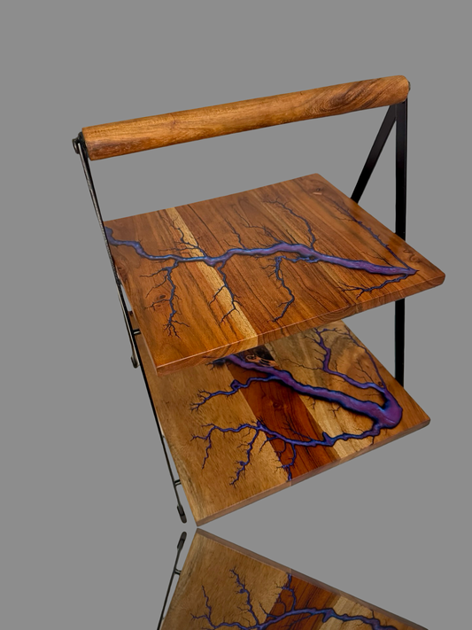 Elevated serving stand in natural timber with bold resin artwork by Fractal Flow Designs – a statement piece for modern dessert tables and gifting