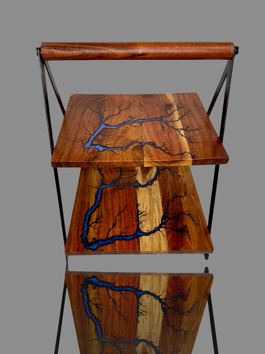 High-end wooden cake pedestal with striking resin inlay and artisan fractal patterns, Australian-made by Fractal Flow Designs – designed for weddings, events, and fine dining